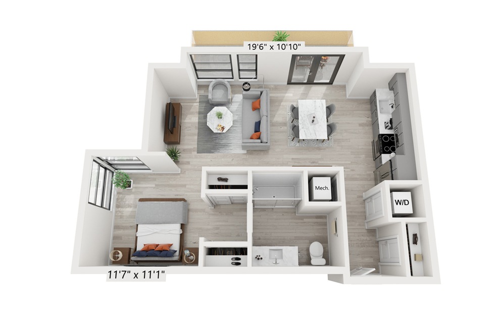 A2 1 Bed 1 Bath Floorplan