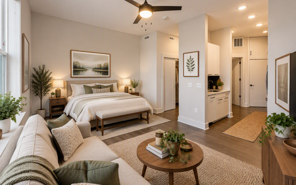 S3 - Studio floorplan layout with 1 bathroom and 445 square feet (With Furniture Staging)